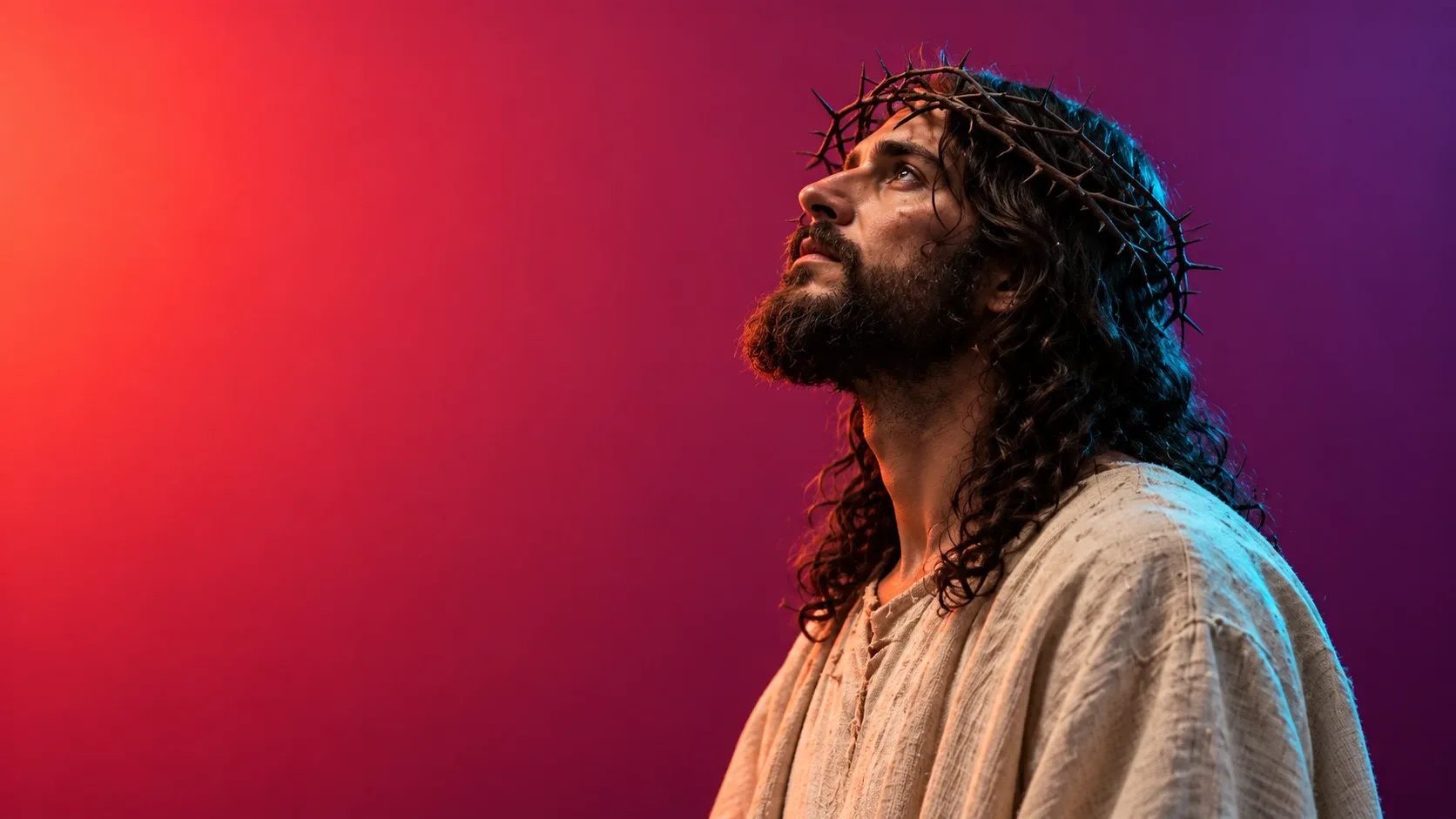 Jesus wearing a crown of thorns, looking toward the light